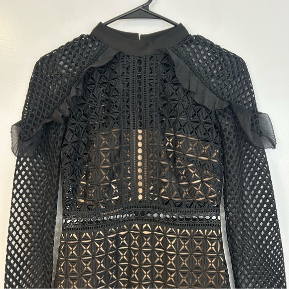 Self-Portrait Black Mesh/Tonal Lace Ruffle Long Sleeve Sheath Mini Dress Size 4 - Picture 4 of 16